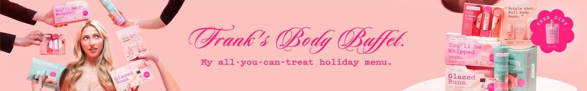frank body holiday gift sets: six limited edition body care kits on a buffet table