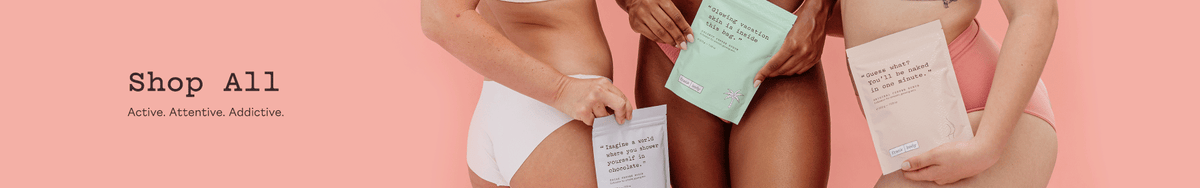 Shop All category banner: two women in pale underwear stand side by side, one holding a green frank body sachet. Text reads: Shop All. Active. Attentive. Addictive.