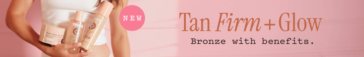 Tanning category banner: a smiling woman holds a bottle of frank body Firm + Glow self tan. Text reads: Tan, Firm + Glow. Bronze with benefits.