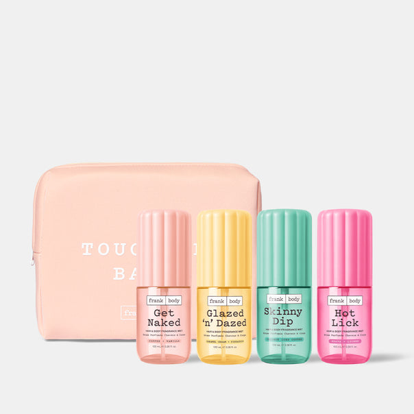 The frank body All You Can Spritz Kit: Get Naked, Glazed 'n' Dazed, Skinny Dip and Hot Lick on-the-go mists with a pink Touch Me Babe pouch.