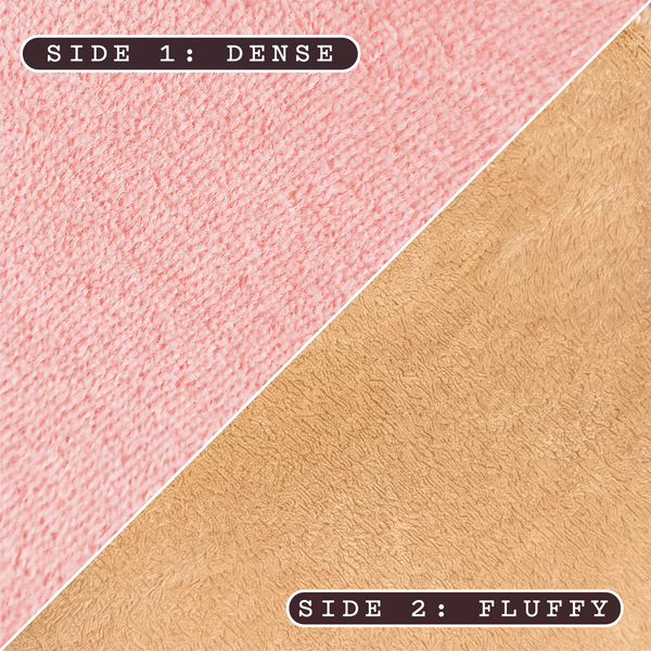 Close-up of both sides of the frank body Double Trouble Tanning Mitt. Text reads: Side 1: dense. Side 2: fluffy.