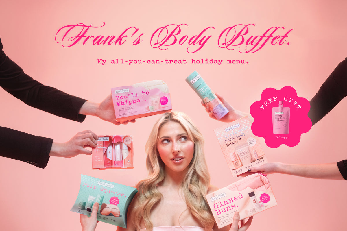 frank body holiday gift sets: six limited edition body care kits on a buffet table
