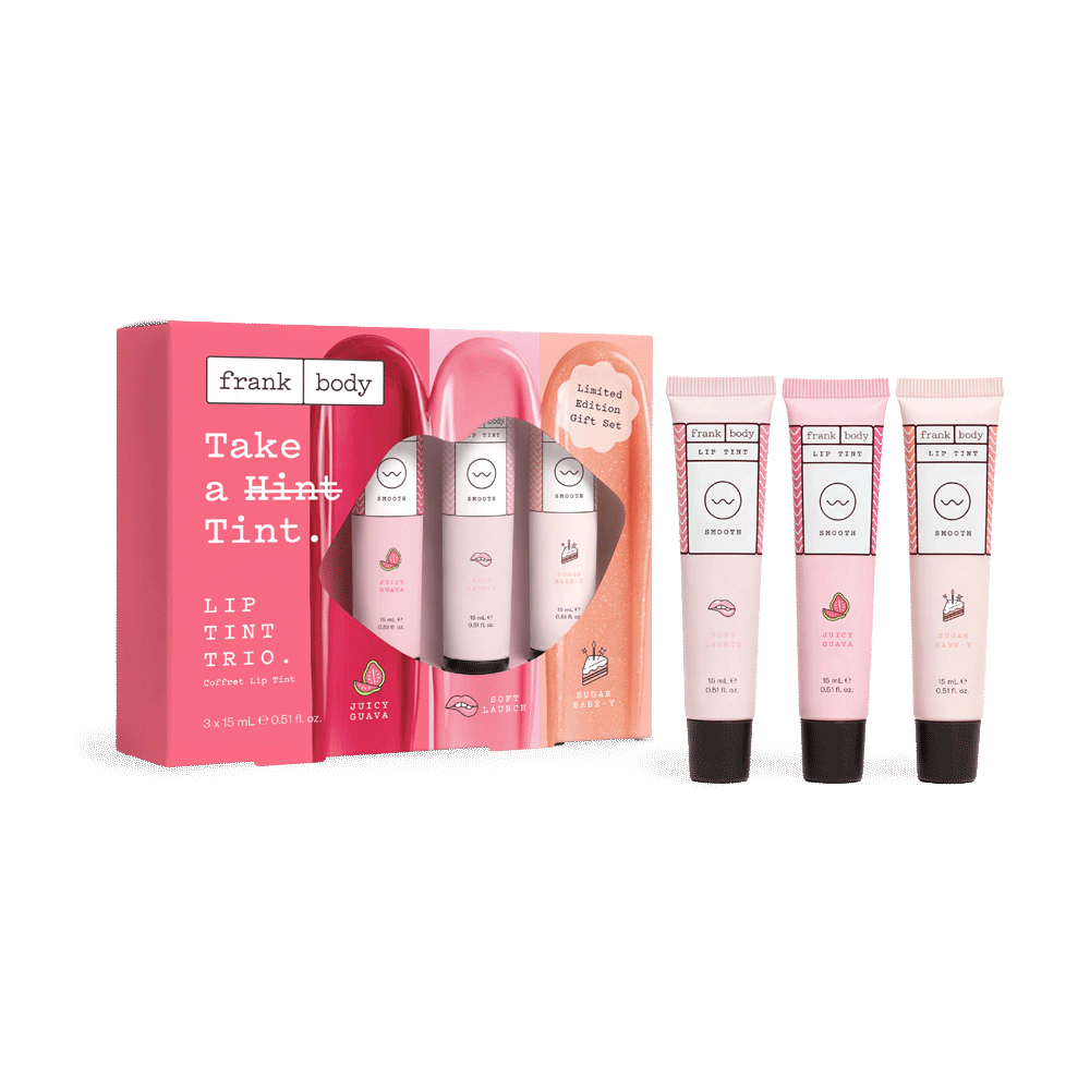 frank body Take a Tint Lip Tint Trio gift set shown with its three lip tints in pink shades.