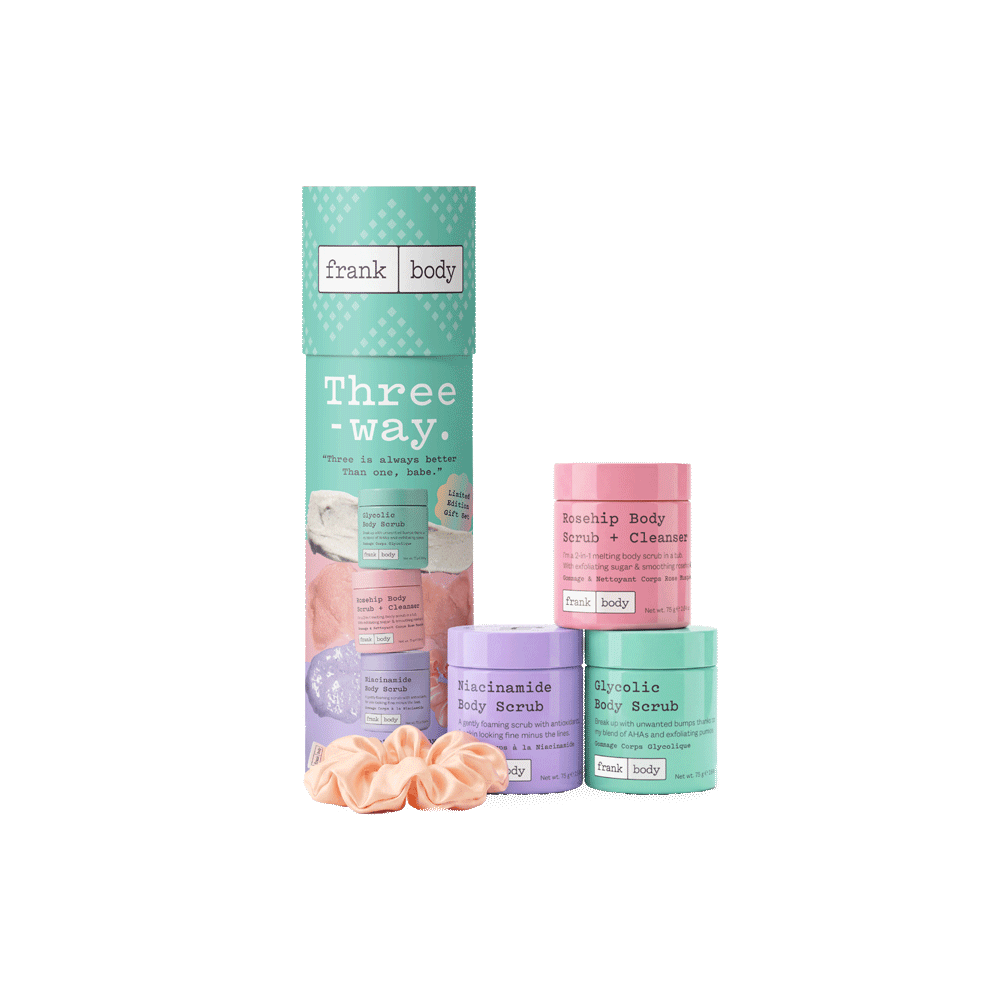 frank body Three-Way gift set: Rosehip, Niacinamide and Glycolic body scrubs with a peach scrunchie and a mint gift tube.