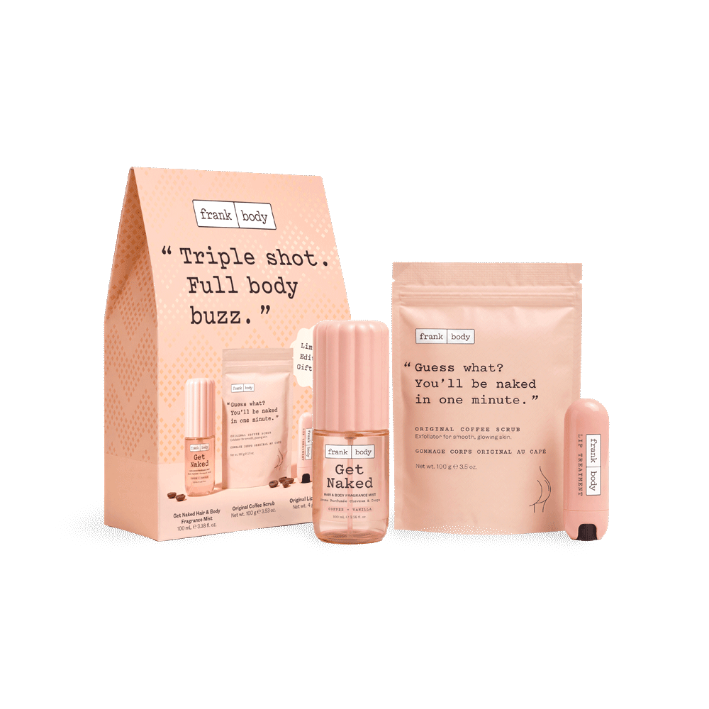 frank body Triple Shot gift set with Get Naked Hair & Body Fragrance Mist, Original Coffee Scrub and a Lip Treatment.