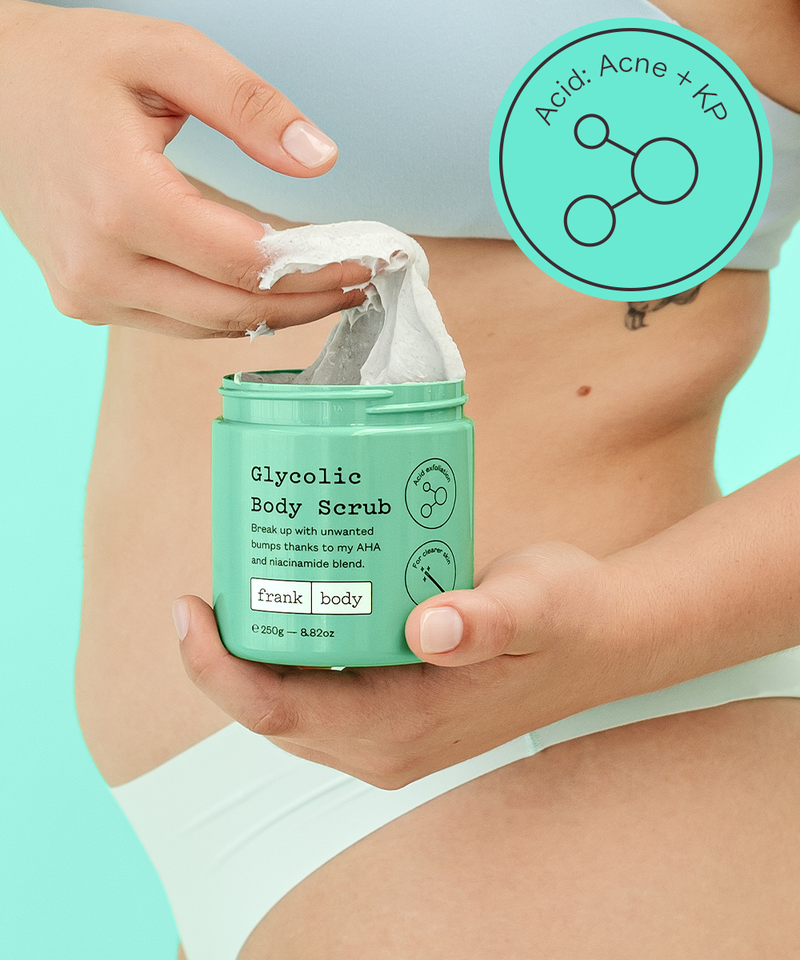 Acid menu tile: a woman opening a green jar of frank body Glycolic Body Scrub.